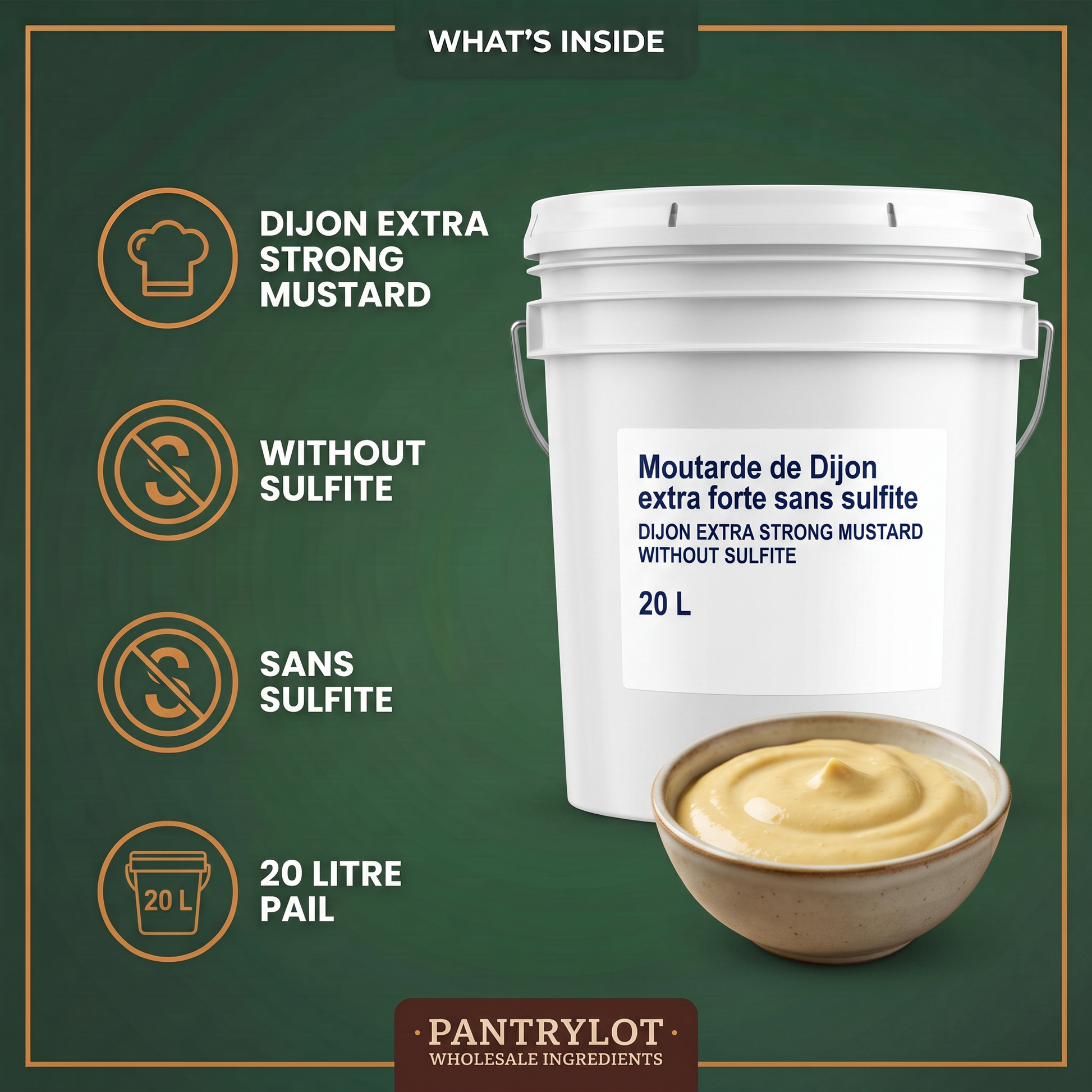 DIJON EXTRA STRONG MUSTARD WITHOUT SULFITE 20 litres — in-the-box features card