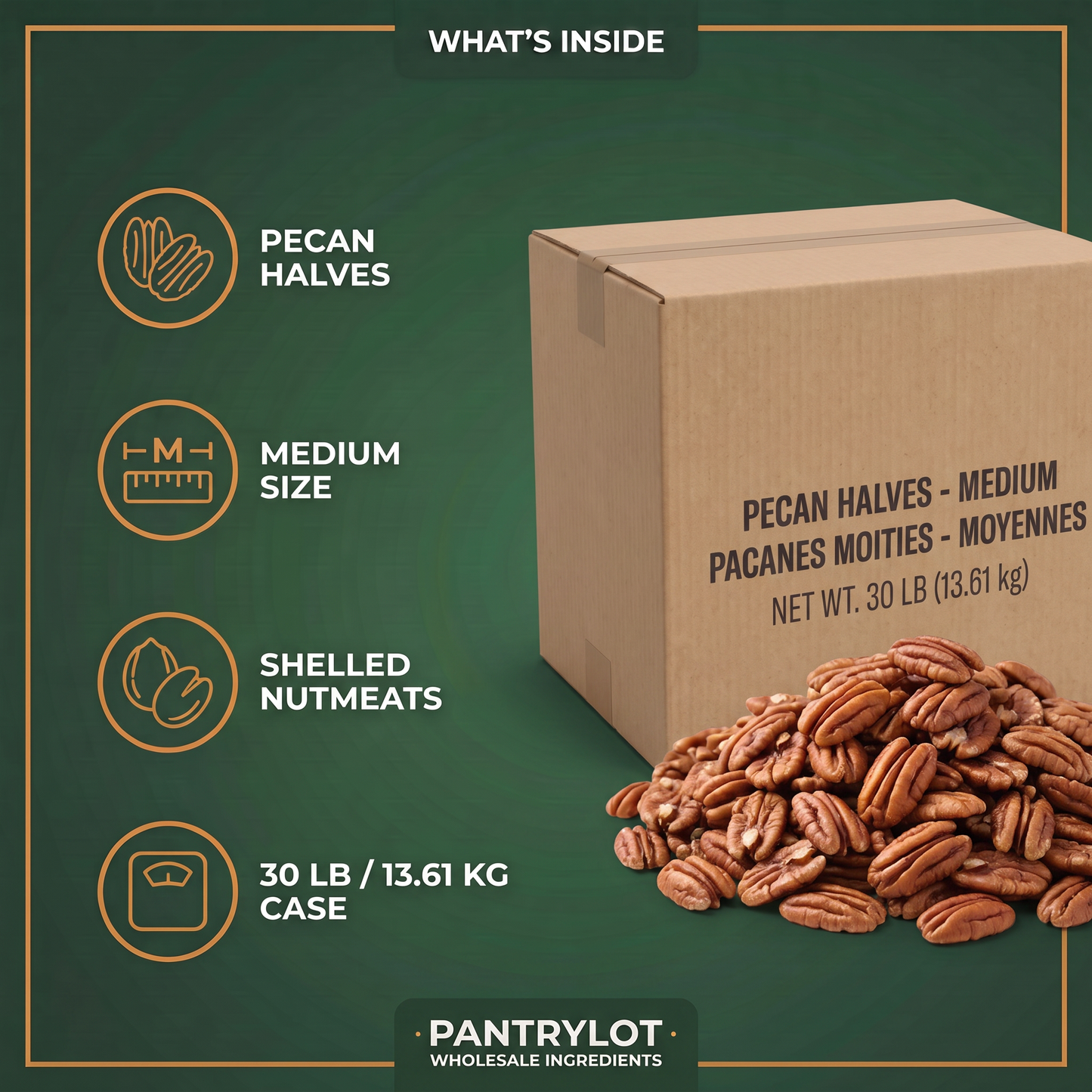 PECANS MEDIUM HALVES 30 lb — in-the-box features card