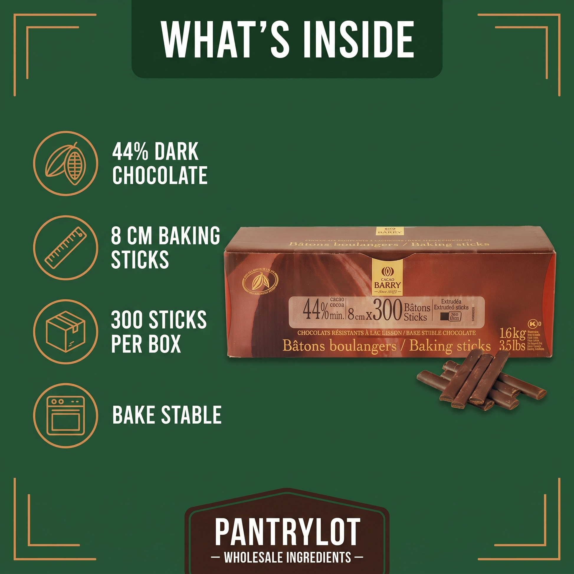 BAKER DARK CHOCOLATE STICKS 8CM - BARRY CALLEBAUT - 1.6kg - 300 units — in-the-box features card