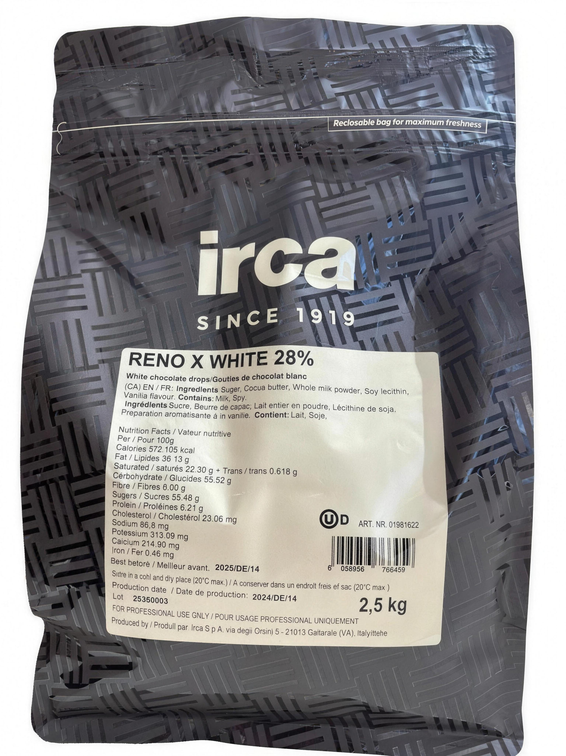 WHITE CHOCOLATE 28% DROPS COUVERTURE RENO X IRCA - 2.5 kg — product packshot