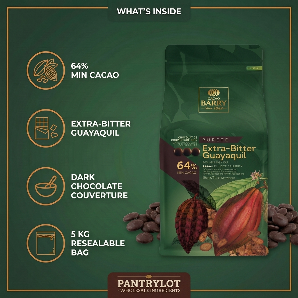 DARK CHOCOLATE COUVERTURE 64 % PURETE EXTRA-BITTER GUAYAQUIL - CACAO BARRY - 5kg — in-the-box features card