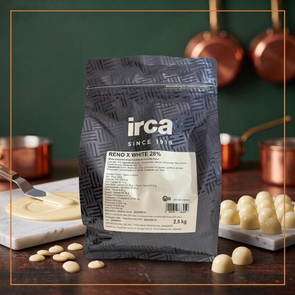 WHITE CHOCOLATE 28% DROPS COUVERTURE RENO X IRCA - 2.5 kg — lifestyle card