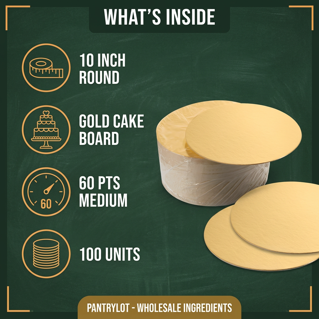 10'' GOLD  ROUND CAKE BOARD 60 PTS  MEDIUM -  100 units — in-the-box features card