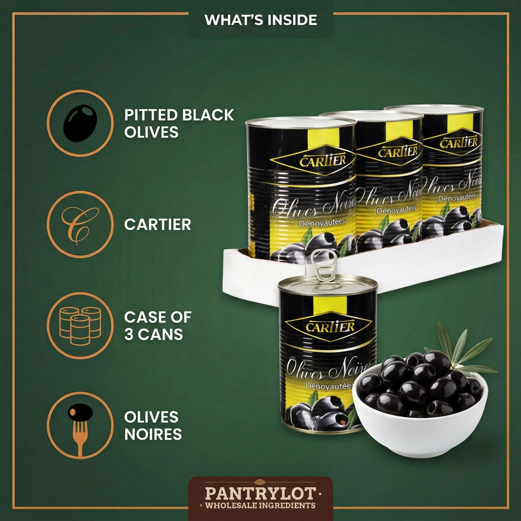 PITTED BLACK OLIVES - CARTIER 9 lb - 6 kg — in-the-box features card