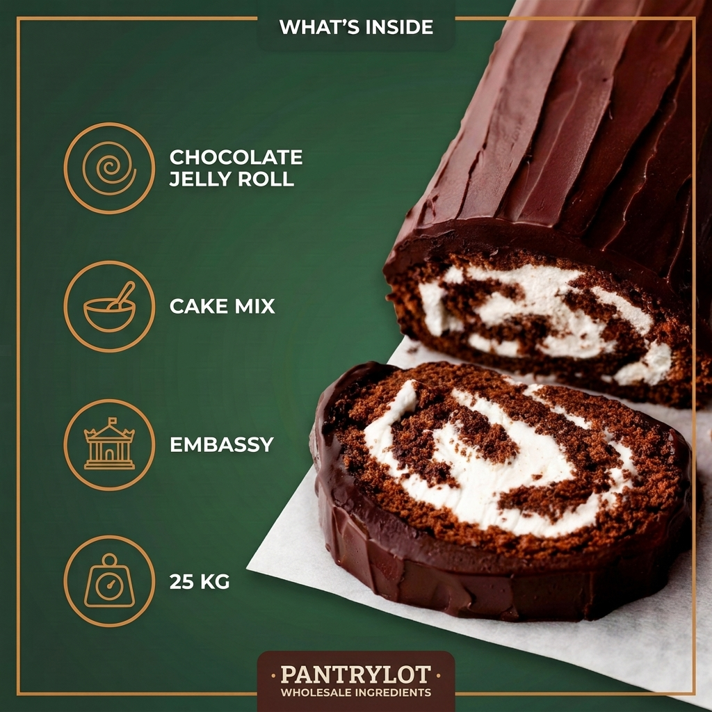 CHOCOLATE JELLY ROLL CAKE MIX -  EMBASSY 25 kg — in-the-box features card
