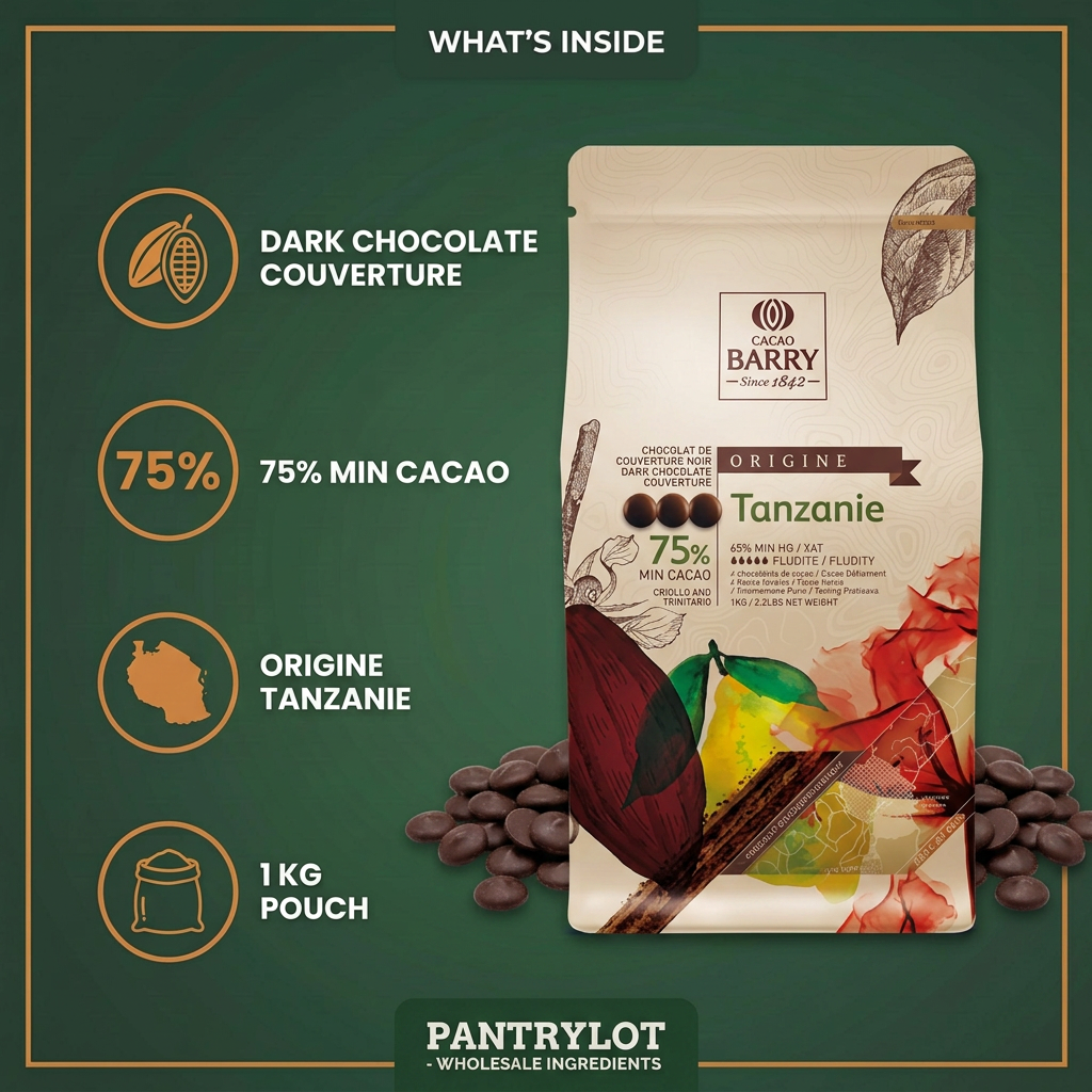 DARK CHOCOLATE COUVERTURE 75 % FROM TANZANIA - CACAO BARRY - 1kg — in-the-box features card