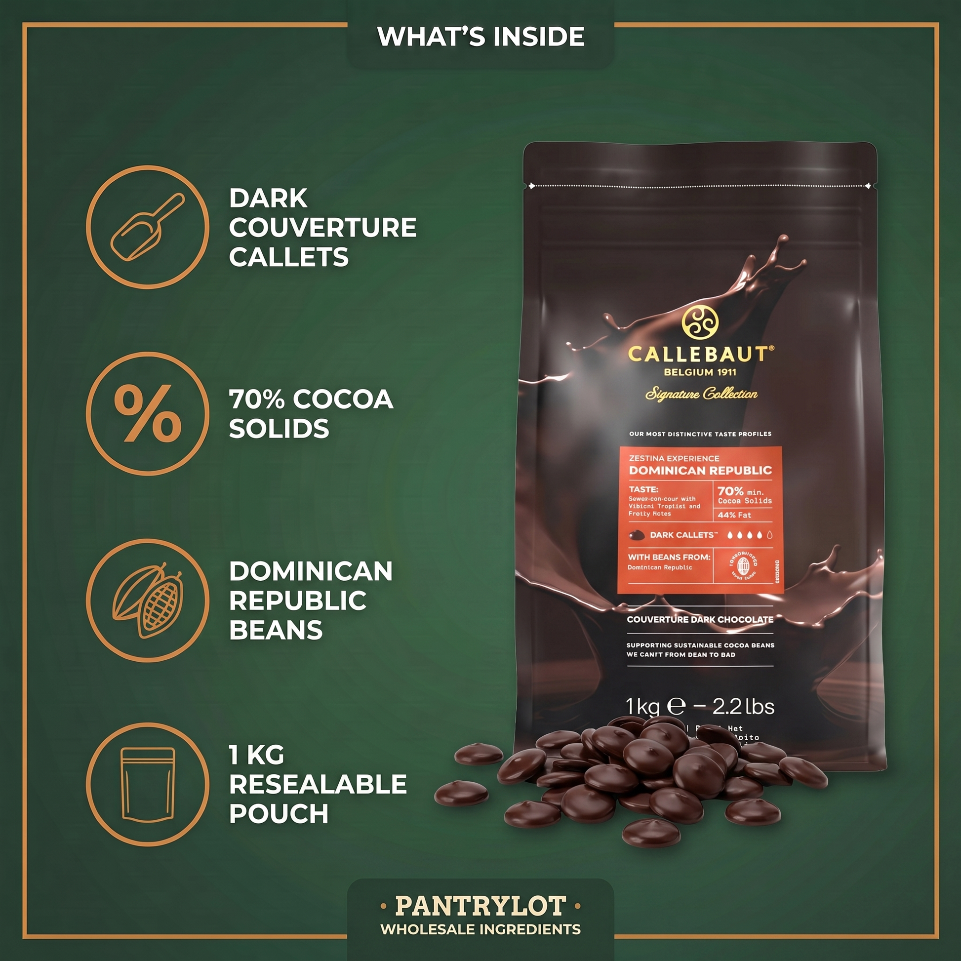 Callebaut Signature Collection Chocolat noir — Zestina République dominicaine 72 %   1 kg — in-the-box features card