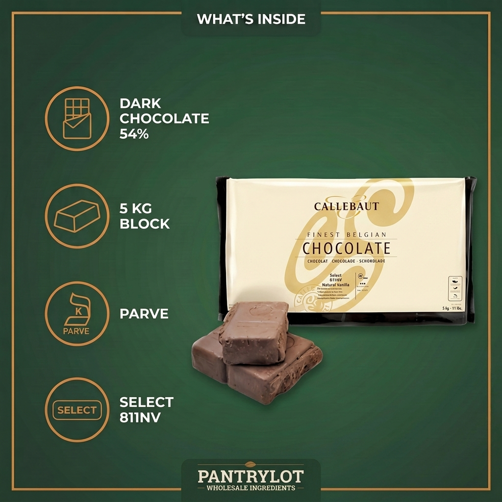 DARK CHOCOLATE BLOCKS PARVE 54% - BARRY CALLEBAUT - 5kg — in-the-box features card