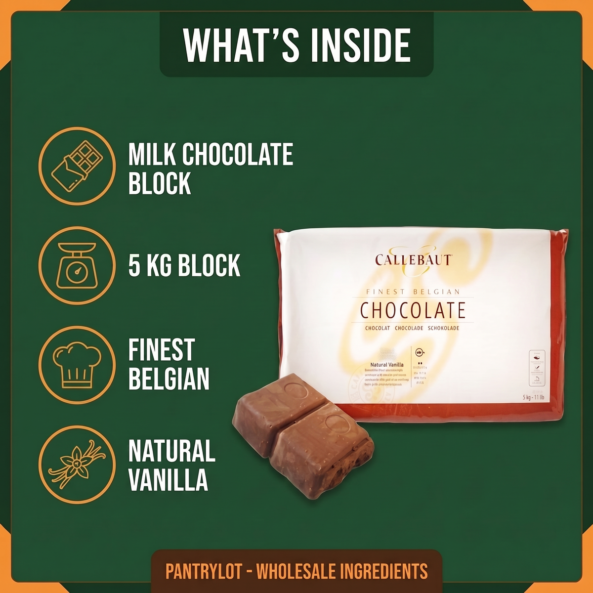 MILK CHOCOLATE BLOCK - BARRY CALLEBAUT - 5kg — in-the-box features card