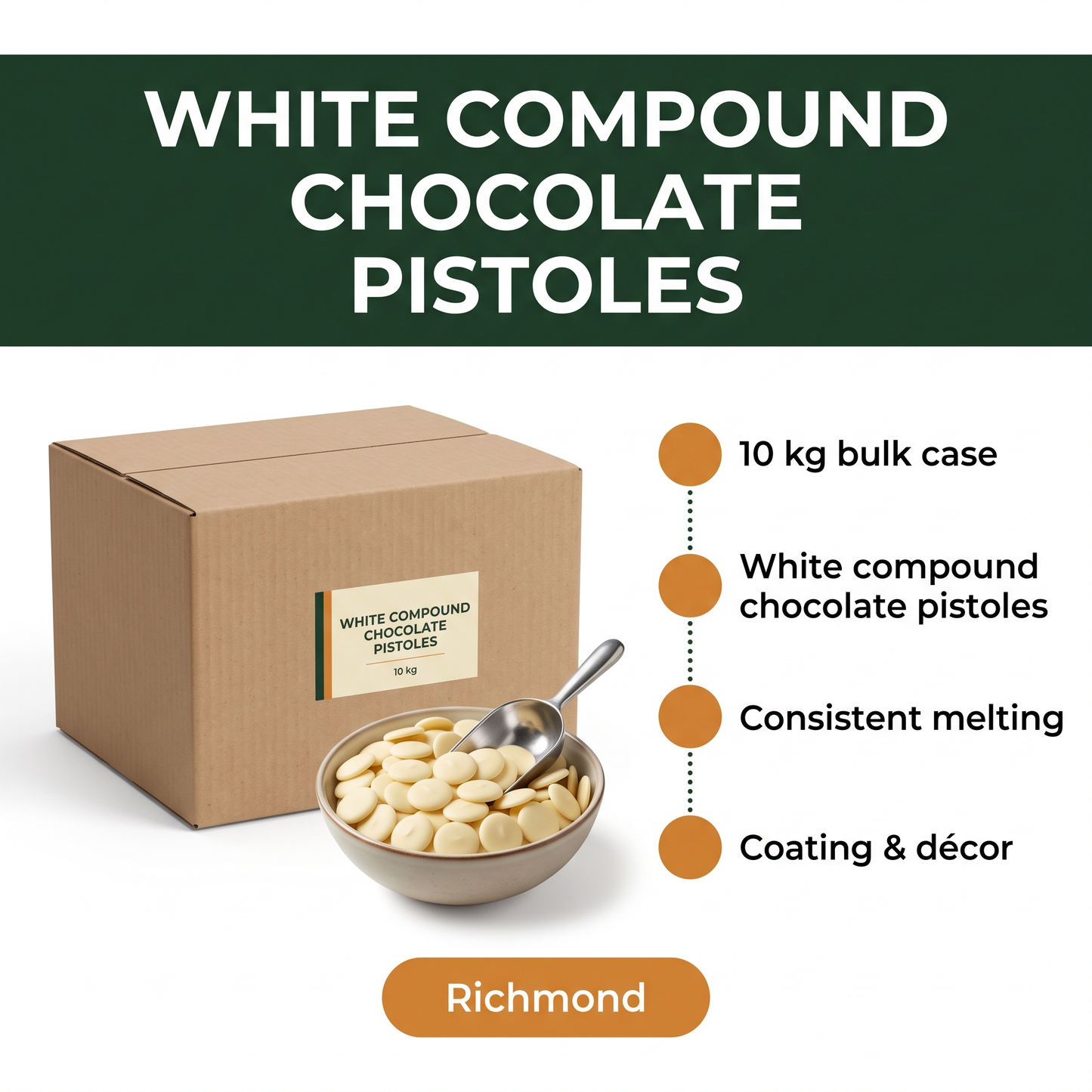 Richmond White Compound Chocolate Pistoles — in-the-box features card